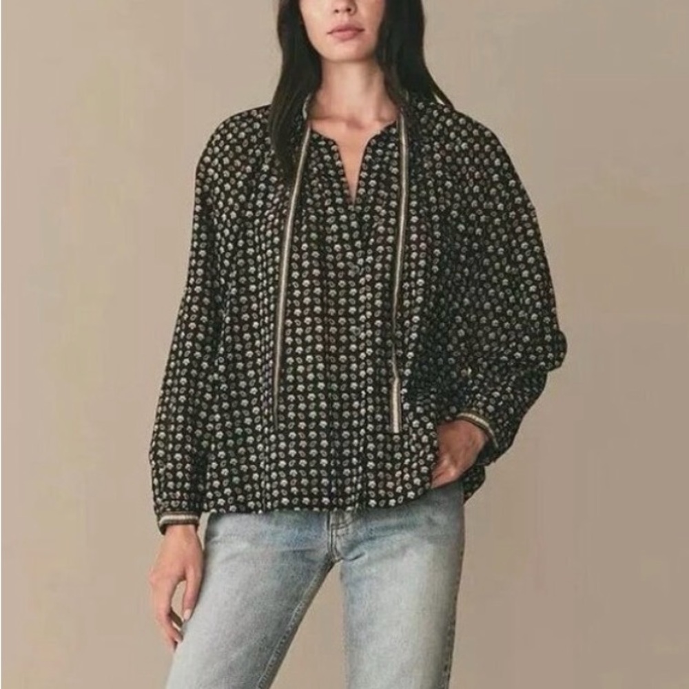 Doen Black Printed Peasant Blouse with Tie Neck